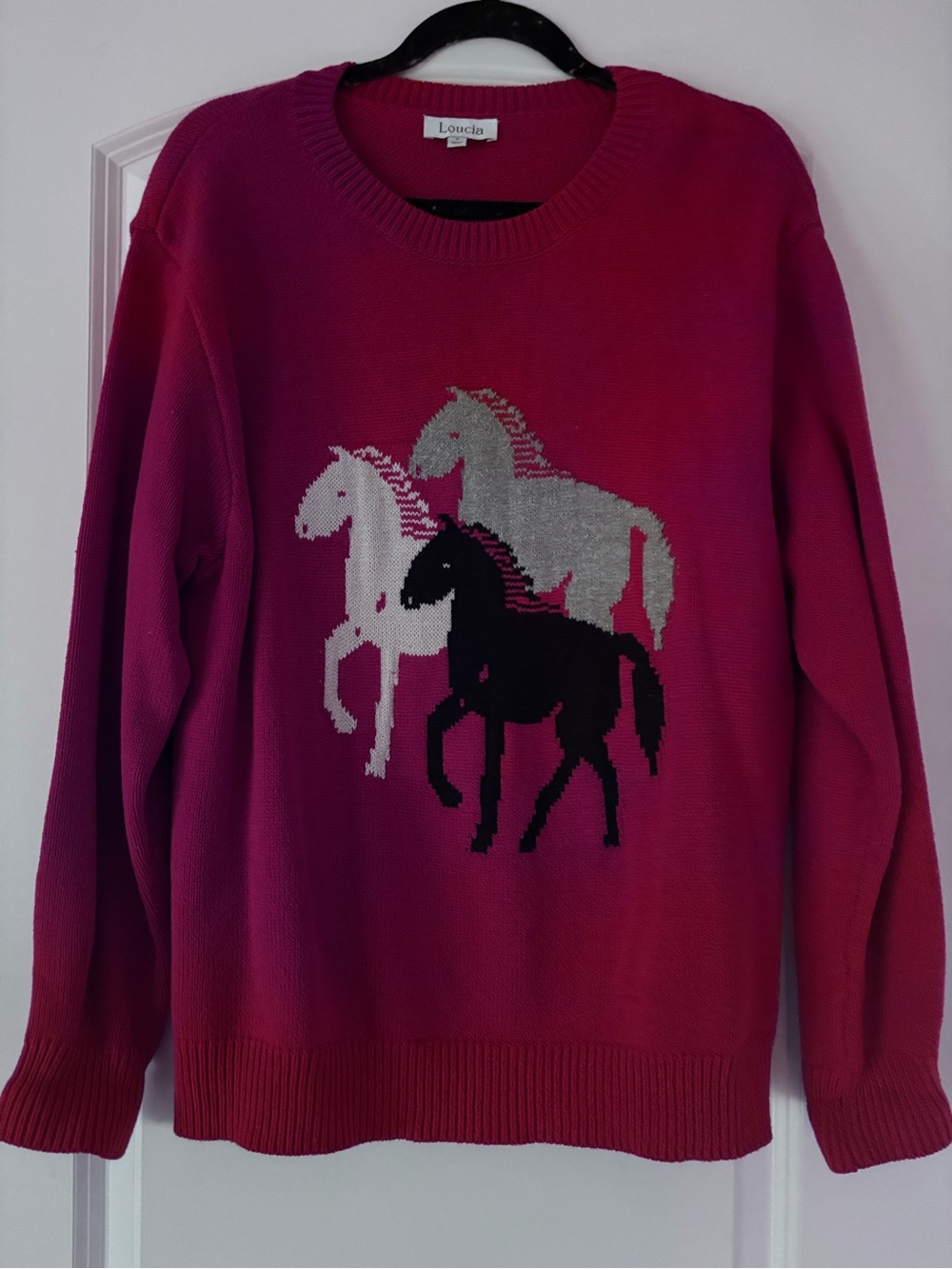 Loucia Women's Fuchsia Crewneck Sweater with Horse Motif